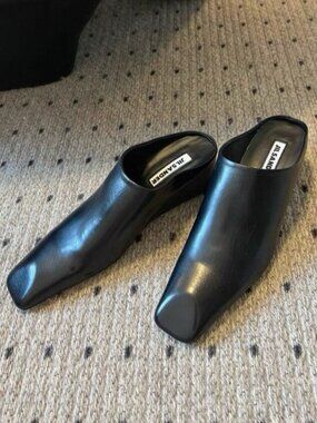 Jil Sander Square Toe Mules Black Leather Wedge